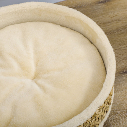 Elevated dog bed with washable cushion, seaweed rope