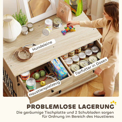 Šuns narvas ant ratukų, 2 durys, 2 stalčiai, medis ir plienas