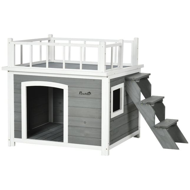 Elevated dog house with balcony and stairs - spruce wood