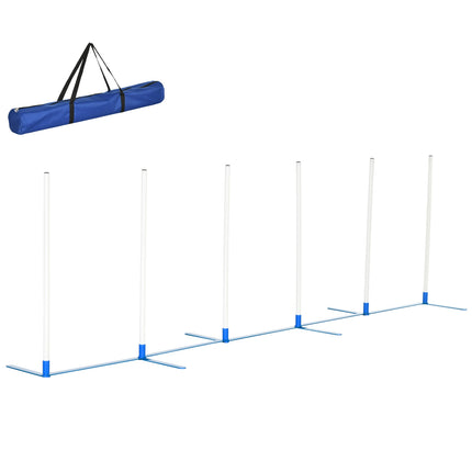Šunų slalomo lazdos, vikrumo lavinimo rinkinys augintiniams, su 600D krepšiu, poliesterio plastiku, baltas + mėlynas, 305 x 60 x 94 cm