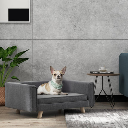 Šuns sofa, šuns guolis su iškiliu dizainu, nuimamas, skalbiamas užvalkalas, augintinio sofa su medinėmis kojelėmis, mažiems / vidutinio dydžio šunims, pilka