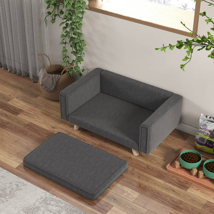 Šuns sofa, šuns guolis su iškiliu dizainu, nuimamas, skalbiamas užvalkalas, augintinio sofa su medinėmis kojelėmis, mažiems / vidutinio dydžio šunims, pilka