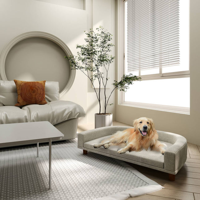 Šuns sofa, naminių gyvūnėlių sofa, katės sofa su pagalvėle, šuns guolis dideliems šunims, šuns sofa su pakeltu dizainu, šuns kėdė su medinėmis kojelėmis, pilka, 98 x 67 x 25 cm