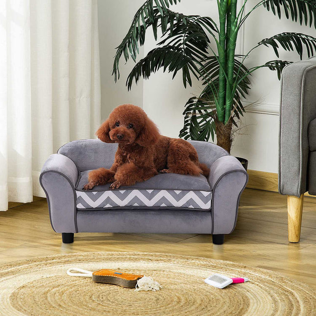 Šuns sofa-naminio gyvūnėlio sofa su pagalvėle, pakeltomis kojelėmis, skalbiama, aksominė, pilka, 73,5 x 41 x 33 cm