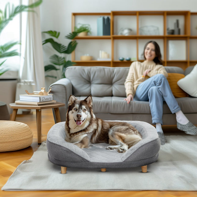 Šunų sofa-naminių gyvūnėlių sofa su atlošu ir medinėmis kojelėmis, skalbiamas užvalkalas vidutinio svorio šunims iki 25 kg, pilka