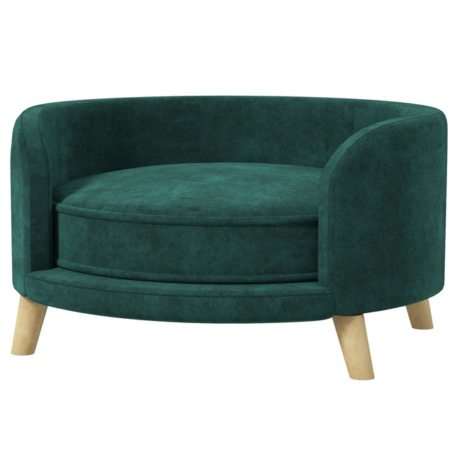 Šuns sofa, aksominė, su pagalvėle, iškilus dizainas ir medinės kojelės, žalia