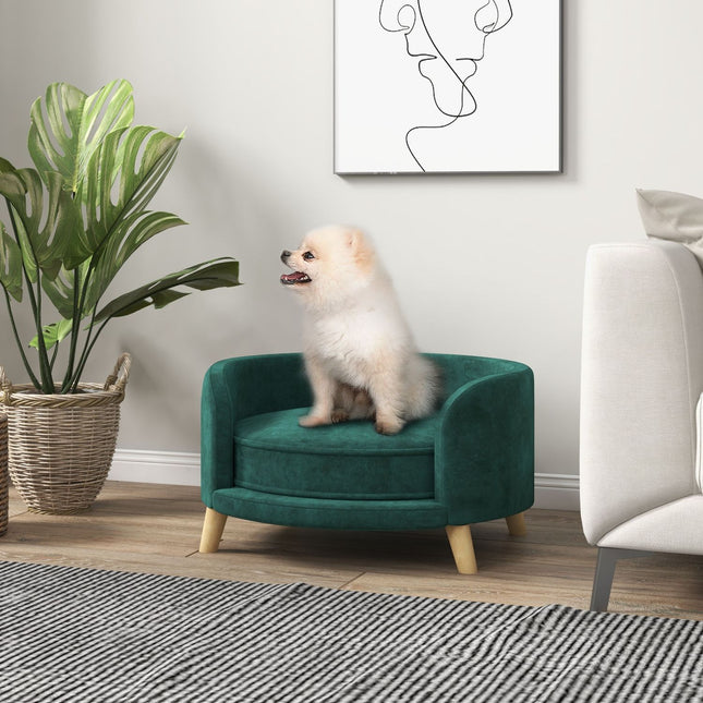 Šuns sofa, aksominė, su pagalvėle, iškilus dizainas ir medinės kojelės, žalia