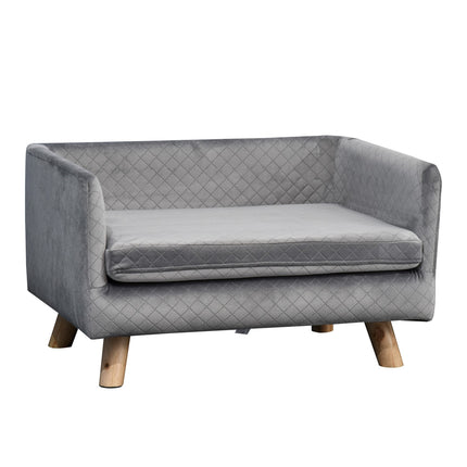Šuns sofa, aksominė, skirta mažiems šunims iki 8 kg, su medinėmis kojelėmis, pilka, 64 x 45 x 36 cm