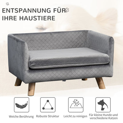 Šuns sofa, aksominė, skirta mažiems šunims iki 8 kg, su medinėmis kojelėmis, pilka, 64 x 45 x 36 cm