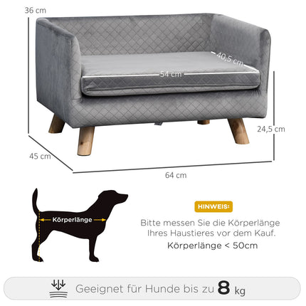 Šuns sofa, aksominė, skirta mažiems šunims iki 8 kg, su medinėmis kojelėmis, pilka, 64 x 45 x 36 cm