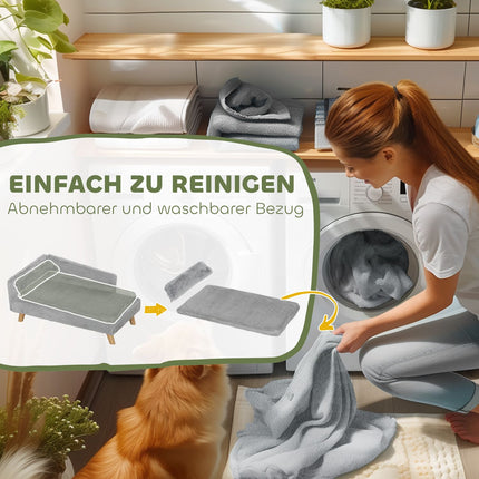 Šunų sofa vidutinio dydžio šunims, šunų guolis su nuimama ir plaunama pagalvėle, augintinių sofa su medinėmis kojelėmis, pakeltas dizainas, 20 kg, šviesiai pilka