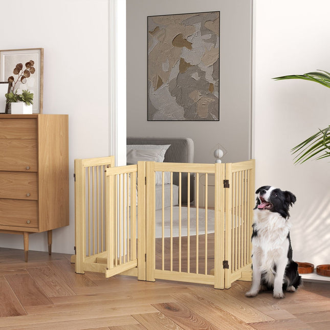 Šunų barjeras, 4 dalių, 204 x 75 cm, sulankstomi apsauginiai varteliai su durelėmis, laisvai stovintys šunų varteliai su 2 atraminėmis kojelėmis, mediniai laiptų varteliai koridoriui, virtuvei, laiptams, natūralūs