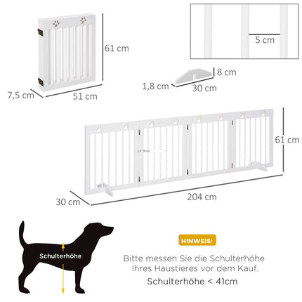 Folding wooden dog gate, 4 parts, 204x61cm, White