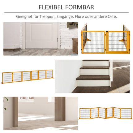 Šunų barjeras, reguliuojami apsauginiai varteliai su kojelėmis, 432 x 70 cm mediniai šunų varteliai, sulankstomi laiptų varteliai, šunų barjeras laiptams, durims, prieškambariui, 6 panelės, geltonas |