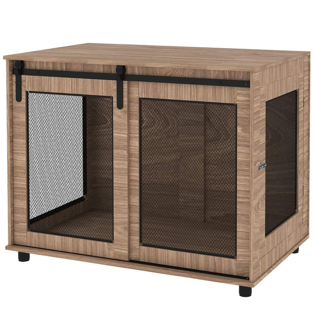 Šunų narvo baldai, šunų dėžė su 2 rakinamomis durimis, šoninis staliukas namams, šunų būda dideliems šunims iki 30 kg, plienas, 98 x 60 x 78 cm, riešutmedis |