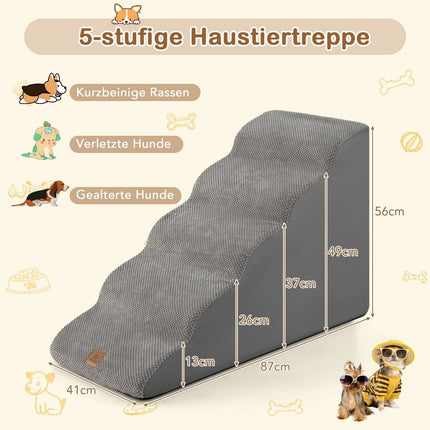 Šunų laiptai, 5 pakopų, neslystantys šunų laiptai, pagaminti iš pilko putplasčio.