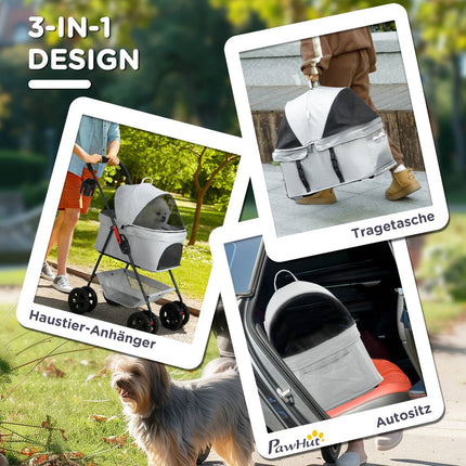 Collapsible 3-in-1 pet stroller with 360° wheels, light grey