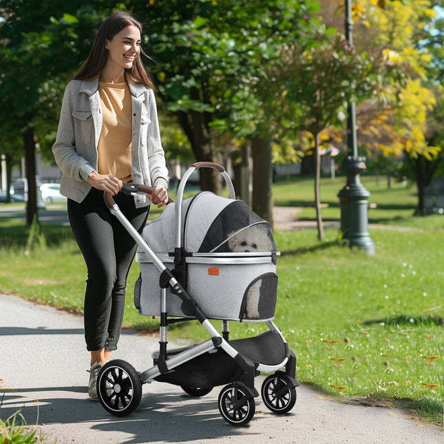 Šunų vežimėlis 3 viename sulankstomas šunų vežimėlis šunims ir katėms iki 10 kg, kačių vežimėlis su pagalvėlės laikikliu, tinkliniais langais, durimis, daiktadėže, kačių vežimėlis, šviesiai pilkas