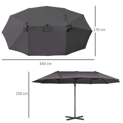Dvigubas skėtis nuo saulės, su alkūniniu mechanizmu, reguliuojamas sodo skėtis, apsauga nuo saulės, metalas, tamsiai pilkas, 440 x 270 x 250 cm