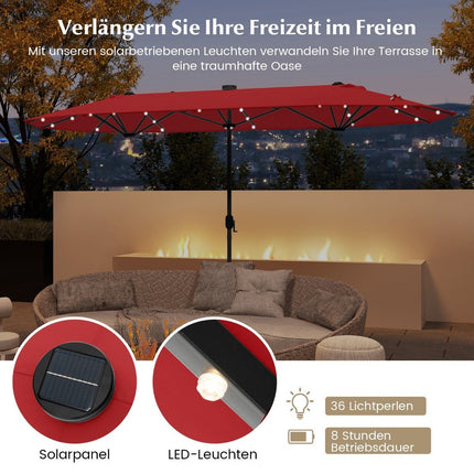 Dvipusis kiemo skėtis su stovu ir LED lemputėmis, 400x200 cm