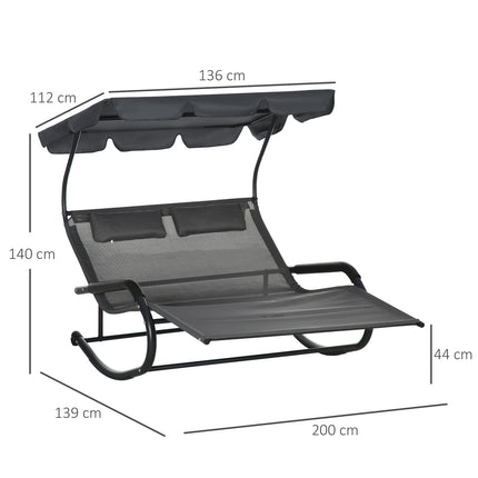 Dvigubas saulės gultas, supamas suolas su stogeliu nuo saulės, supamoji kėdė su ratukais, sodo gultas su pagalve, 220 kg apkrova, 2 asmenims, tamsiai pilkas, 200x139x140cm
