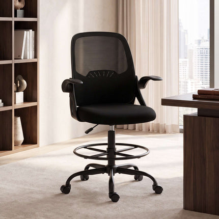 Drafting Chair with Foot Ring and Adjustable Lumbar Support, Black, Mesh Back