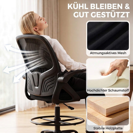 Drafting Chair with Foot Ring and Adjustable Lumbar Support, Black, Mesh Back
