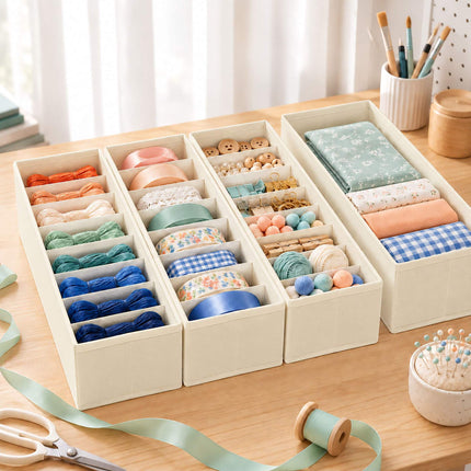 Drawer Organiser 8-Piece Set with Divider Boxes, Cream, Non-Woven Fabric