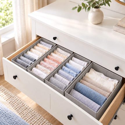 Drawer Organiser 8-Piece Set with Divider Boxes, Light Grey, Non-Woven Fabric