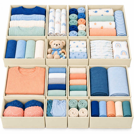 Drawer Organiser Boxes 16-Piece Set in 3 Sizes, Cream, Non-Woven Fabric