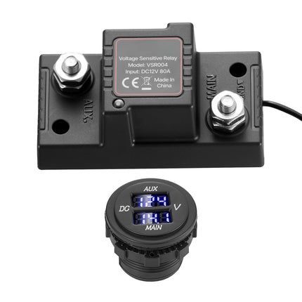 Dual Battery Isolator Kit, 12V 80A VSR, LCD Voltmeter