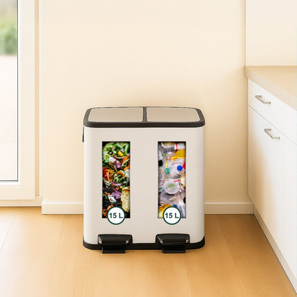 Dviejų skyrių šiukšliadėžė su pedalu, 2 x 15 l, švelnaus uždarymo sistema