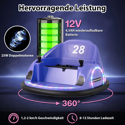 Elektrinis 360° besisukantis automobilis su buferiu vaikams, 12 V, violetinis