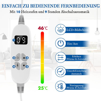 Elektrinė šildoma užtiesalo antklodė, 9 šilumos lygiai, 9 val. laikmatis, mėlyna