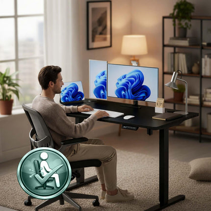 Elektrinis aukščio reguliavimo stalas - medžio imitacijos stalviršis, su atminties funkcija