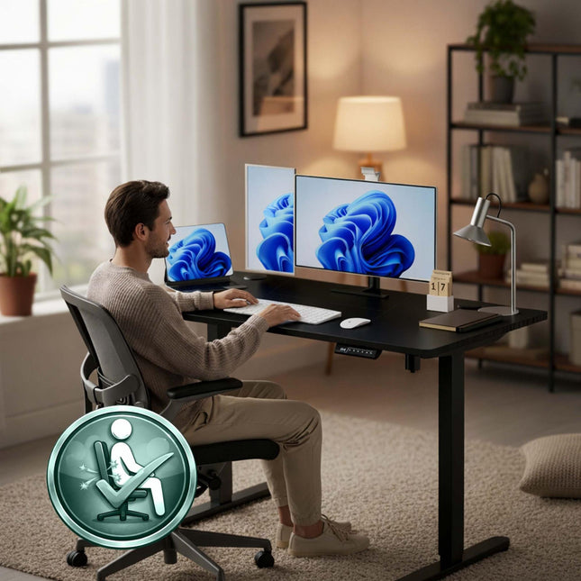 Elektrinis aukščio reguliavimo stalas - medžio imitacijos stalviršis, su atminties funkcija