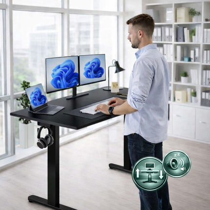 Elektrinis aukščio reguliavimo stalas - medžio imitacijos stalviršis, su atminties funkcija