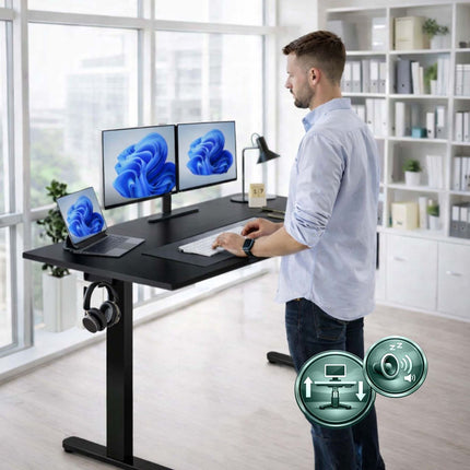 Elektrinis aukščio reguliavimo stalas - medžio imitacijos stalviršis, su atminties funkcija