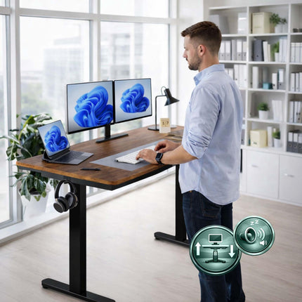 Elektrinis aukščio reguliavimo stalas - medžio imitacijos stalviršis, su atminties funkcija