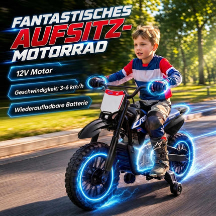 Elektrinis vaikiškas motociklas, 12 V, juodas ir mėlynas, 3–6 km/val.