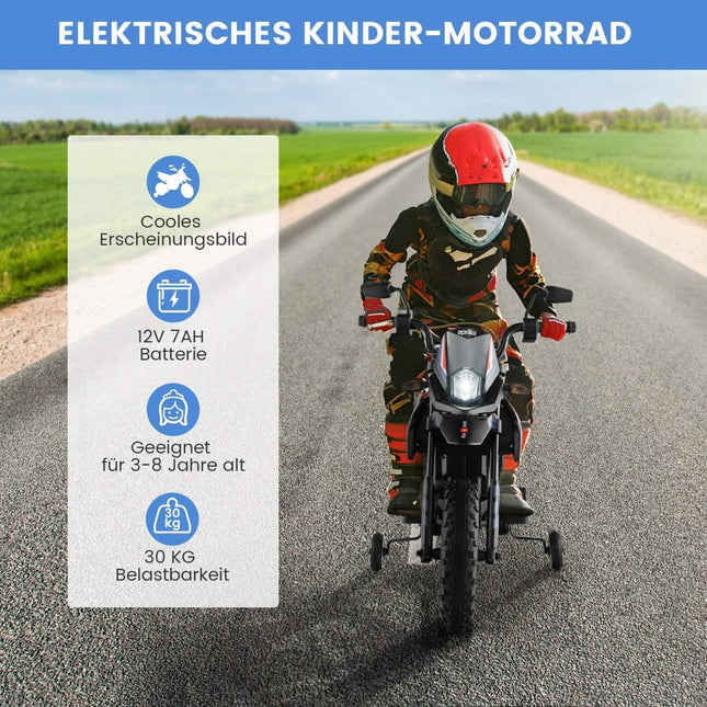 Elektrinis vaikiškas motociklas su treniruočių ratukais, muzika, 12 V baterija