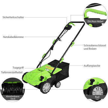 Elektrinis vejos skarifikatorius ir aeratorius, 1500 W, 30 l maišas, 32 cm plotis