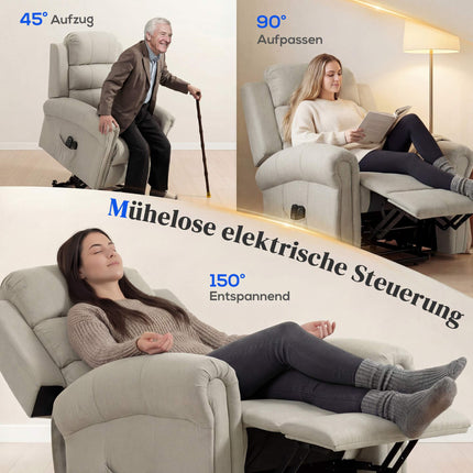 Elektrinis atlošiamas krėslas su pakėlimu, masažu ir šildymu, smėlio spalvos linas