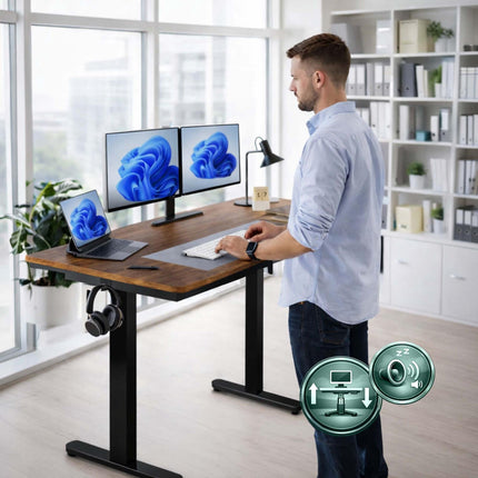 Elektrinis reguliuojamo aukščio stalas - medžio imitacijos stalviršis, su atminties funkcija
