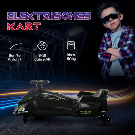 Elektrinis gokartas vaikams, guminiai ratai, 3-8 km/val., su šviesomis ir muzikos funkcija, juodas