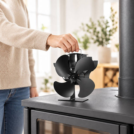 Electricity-Free Stove Fan with 4 Rotor Blades, Freestanding, Black Aluminium