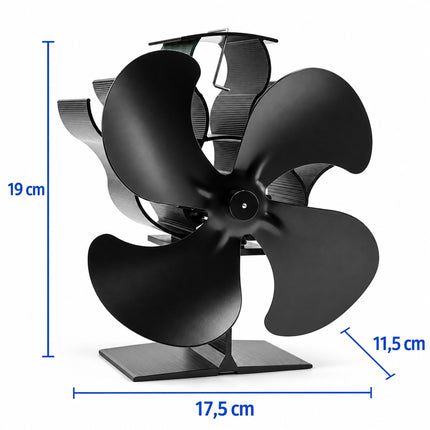 Electricity-Free Stove Fan with 4 Rotor Blades, Freestanding, Black Aluminium