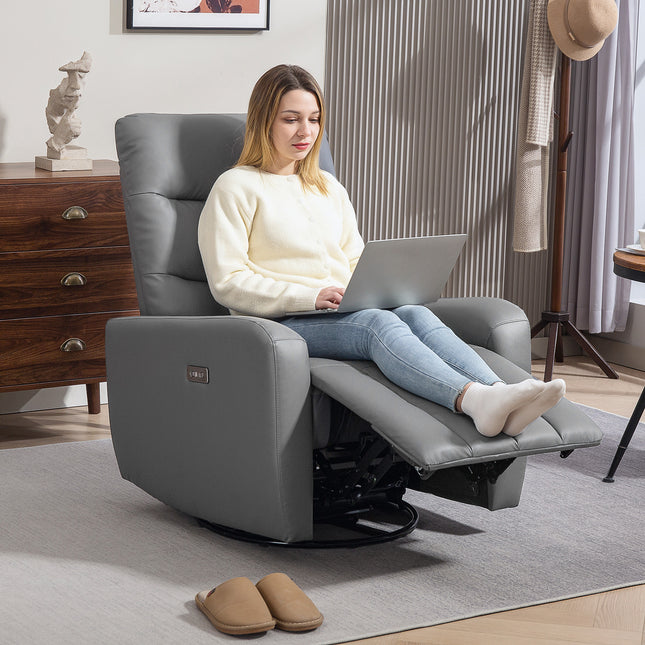 Elektrinė atlošiama TV kėdė su atlošiama funkcija, supimo funkcija, USB ir USB-C prievadais, pasukama atlošiama kėdė su reguliuojamu atlošu, svetainei, pilka