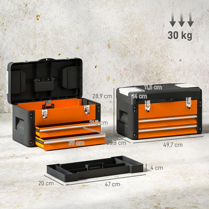 Tuščia įrankių dėžė, 49,7 x 25,3 x 28,9 cm, įrankių dėžė su stalčiumi, mini dėžė, plieno, oranžinė