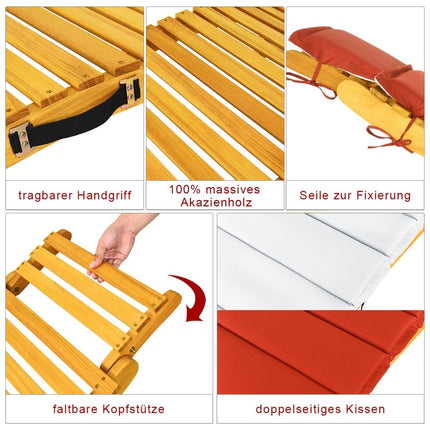 Ergonomiškas akacijos medienos saulės gultas su pagalvėle, sulankstomas